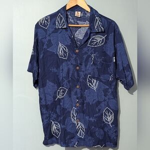 Wayan Natural Wear‎ Men's Medium Navy Leaf Print Button Down Short Sleeve Shirt